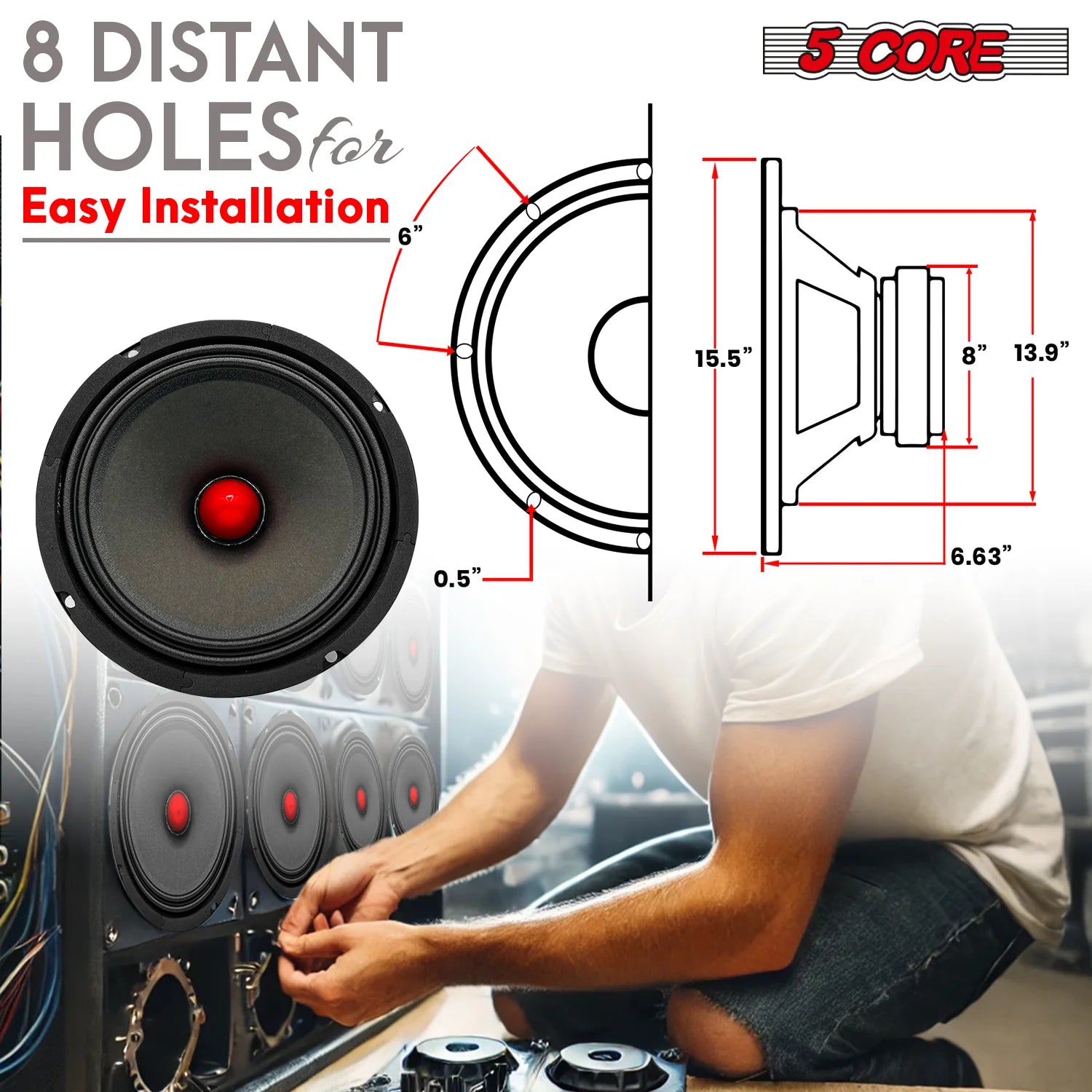 5Core 8 Inch Midrange Door Speaker 500W Subwoofer W Aluminum Bullet 8Ω Sub Woofer