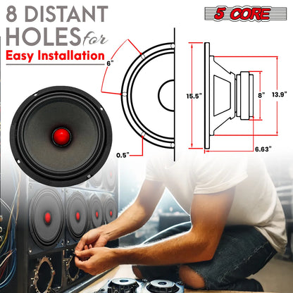 5Core 8 Inch Midrange Door Speaker 500W Subwoofer W Aluminum Bullet 8Ω Sub Woofer